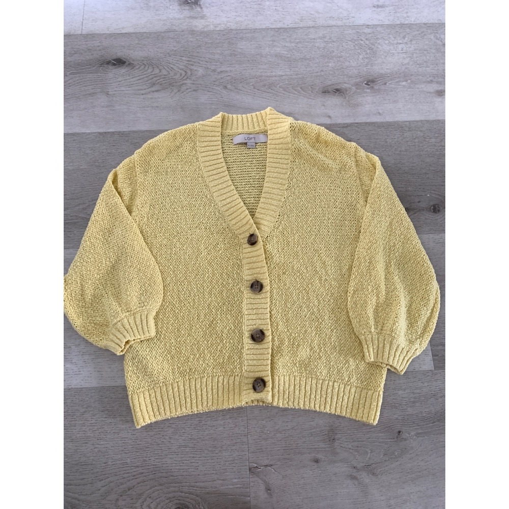 LOFT‎ Womens Yellow Button Front Knit Cardigan Sweater Size XS Cotton Blend